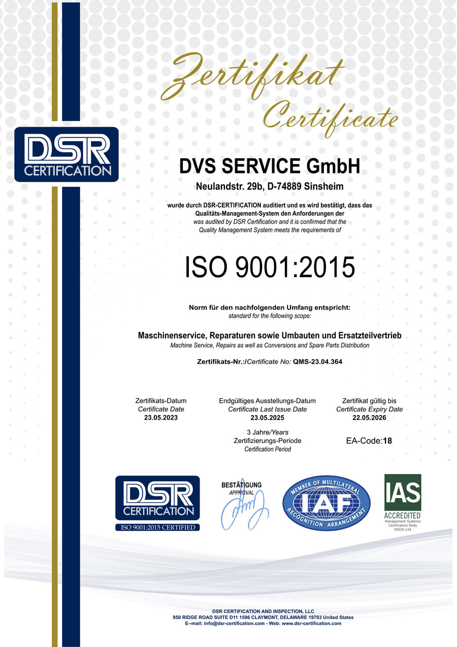 DVS Service is certified according to ISO 9001:2015